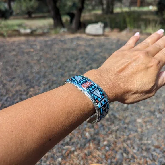 Native American Handmade Cuff‎ Bracelet Zuni Inlay Sterling Silver sz7US *** - Picture 11 of 11